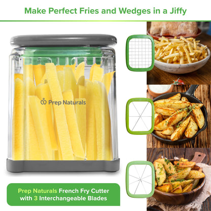 Prep Naturals 3-in-1 Manual French Fry Cutter - Interchangeable Blades for Potato Cutter & Fry Slicer - Functions as Potato Dicer & Food Dicer - Includes Safety Glove - Medium, Gray