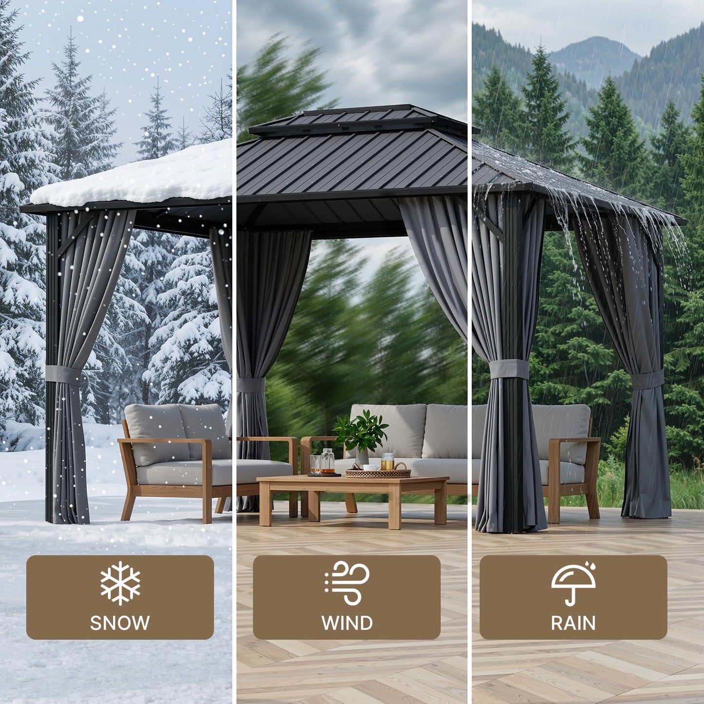 Ahomly 10'x12' Hardtop Gazebo, Aluminum Frame Metal Canopy with Double Roof, Outdoor Gazebo with Breathable Netting & Privacy Curtains, Pavilion for Patios for Backyard Deck Dark Grey