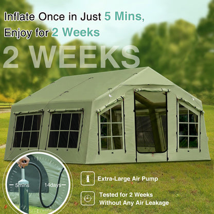 KNUO 2026 Upgraded Waterproof Inflatable Camping Tent for Winter with Rain Cover for 4~6 People, Large Blow-Up Air Tent, No Assembly Needed Luxury Glamping House, 12x12ft Oxford Fabric, Green