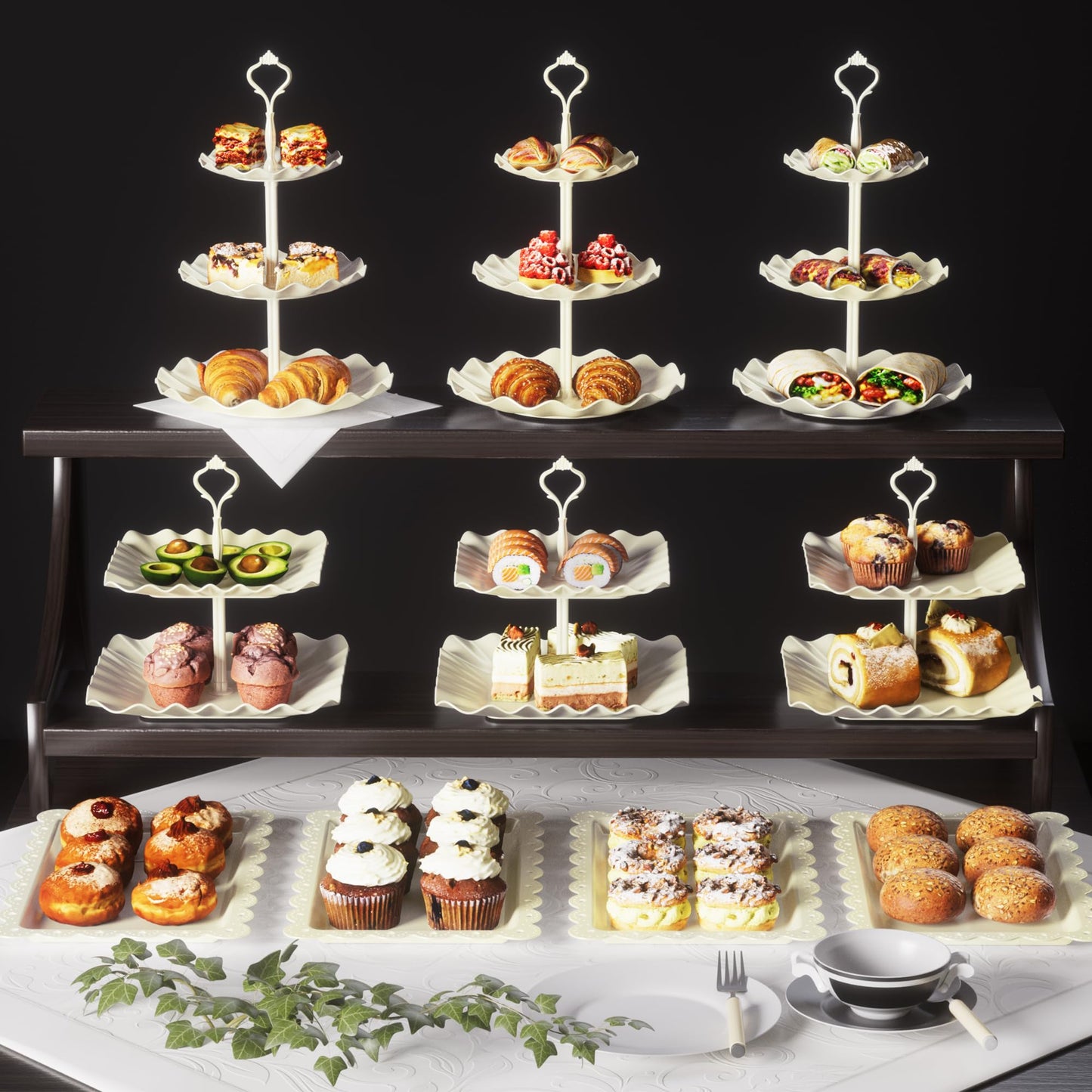 10 Pack Cake Stand Set with 3 x Two-Tier and 3 x Three-Tier Cupcake Stands, Plastic Dessert Table Stand Set 3 Tired Cookie Tray and 4 Pcs Dessert Trays