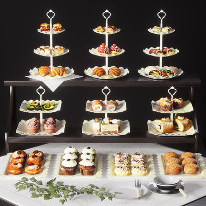 10 Pack Cake Stand Set with 3 x Two-Tier and 3 x Three-Tier Cupcake Stands, Plastic Dessert Table Stand Set 3 Tired Cookie Tray and 4 Pcs Dessert Trays
