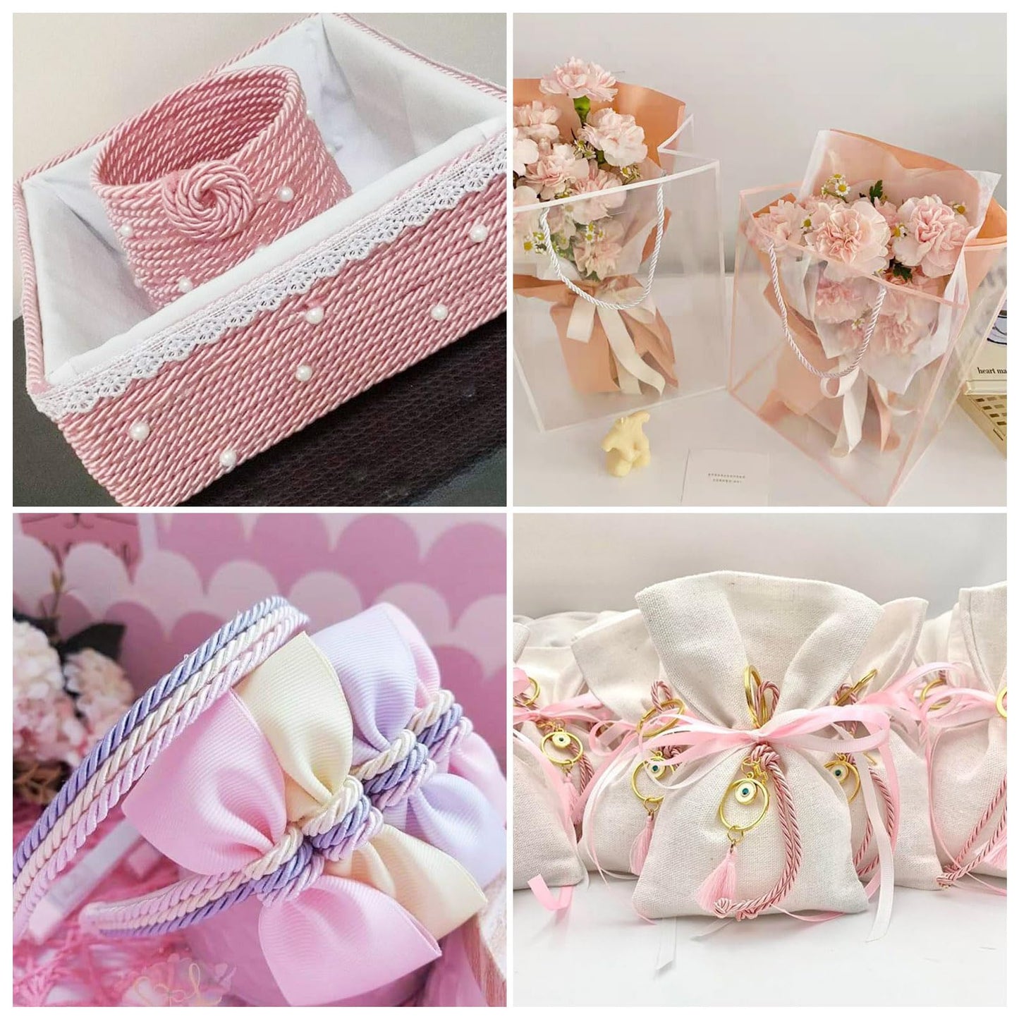 FASHEWELRY 4 Rolls 3mm Pink Twisted Twine Cord Polyester Braided Rope Decorative Thread Strings for Graduation Honor Cord Upholstery Curtain Tieback Home Decoration Bracelet Jewelry Making