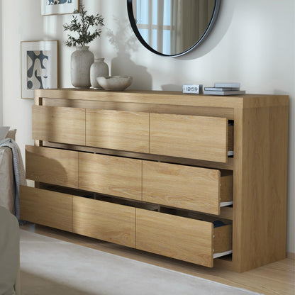 Garvee Modern 9 Drawer Dresser for Bedroom, Wide Chest of Drawers with Anti-Tipping Device, Wooden Storage Cabinet and TV Stand for Closet, Living Room or Hallway,Natural Wood