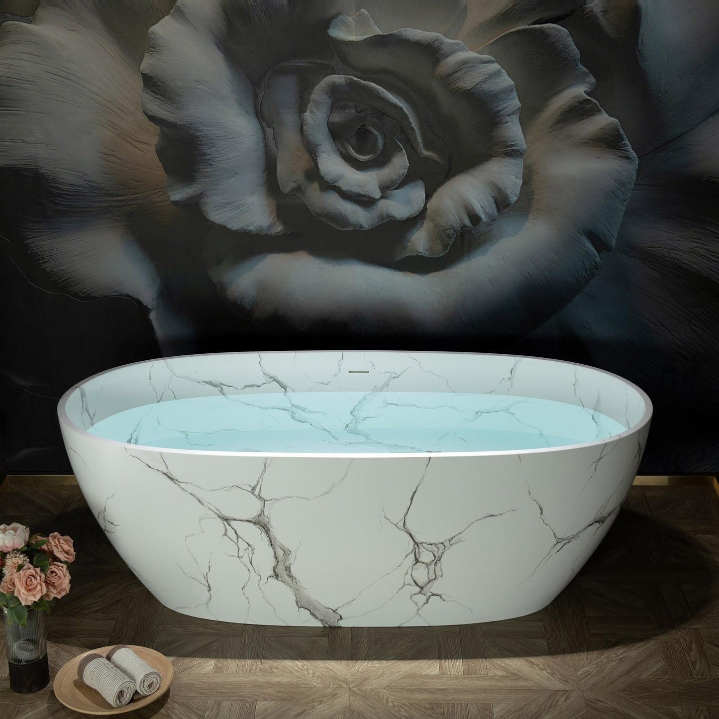 WOODBRIDGE 67" Marble-Pattern Stone Resin Freestanding Soaking Tub, Modern Oval Solid Surface Bathtub with Integrated Slotted Overflow & Drain, Matte Finish, CST0745