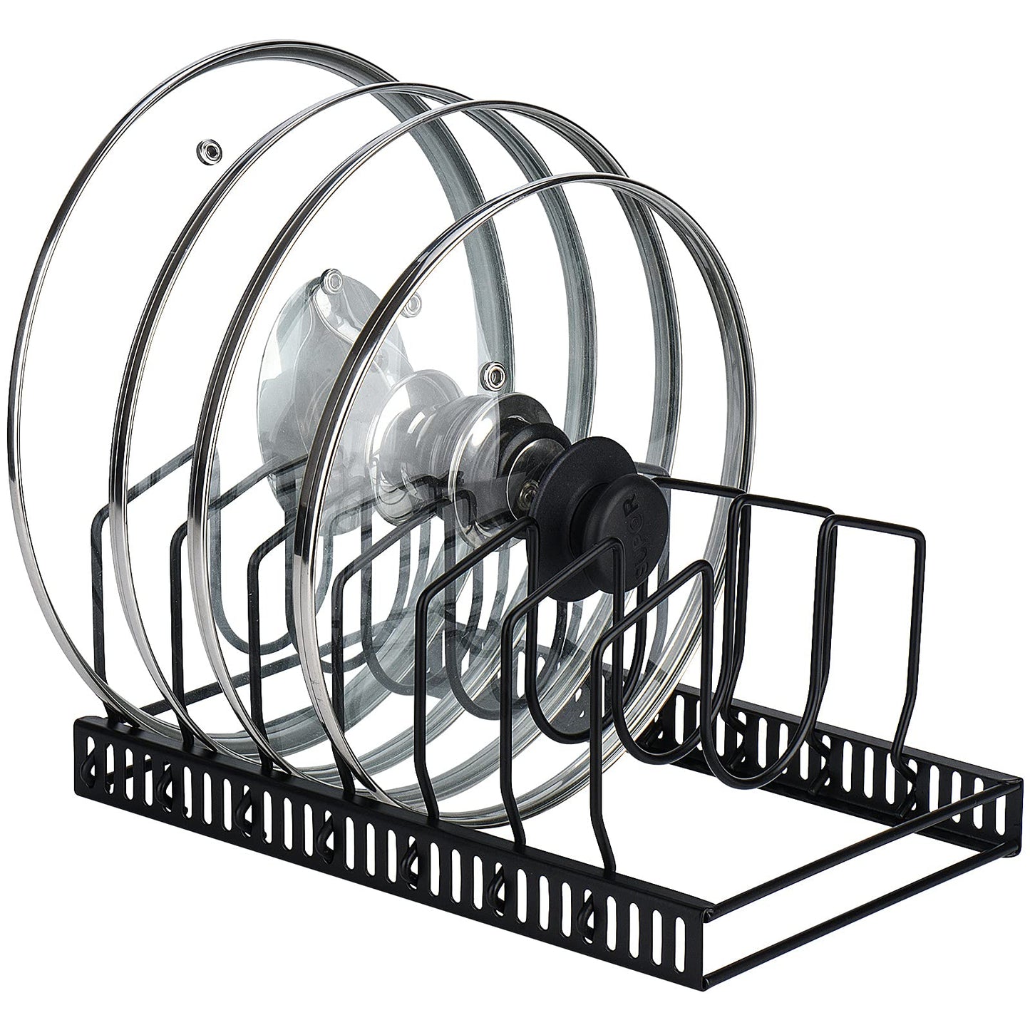 Toplife Pot Lids Organizer Rack for Cabinet and Countertop, 7+ Pan Lids and Bakeware Organizer Rack Holder with 7 Adjustable Compartments - Black