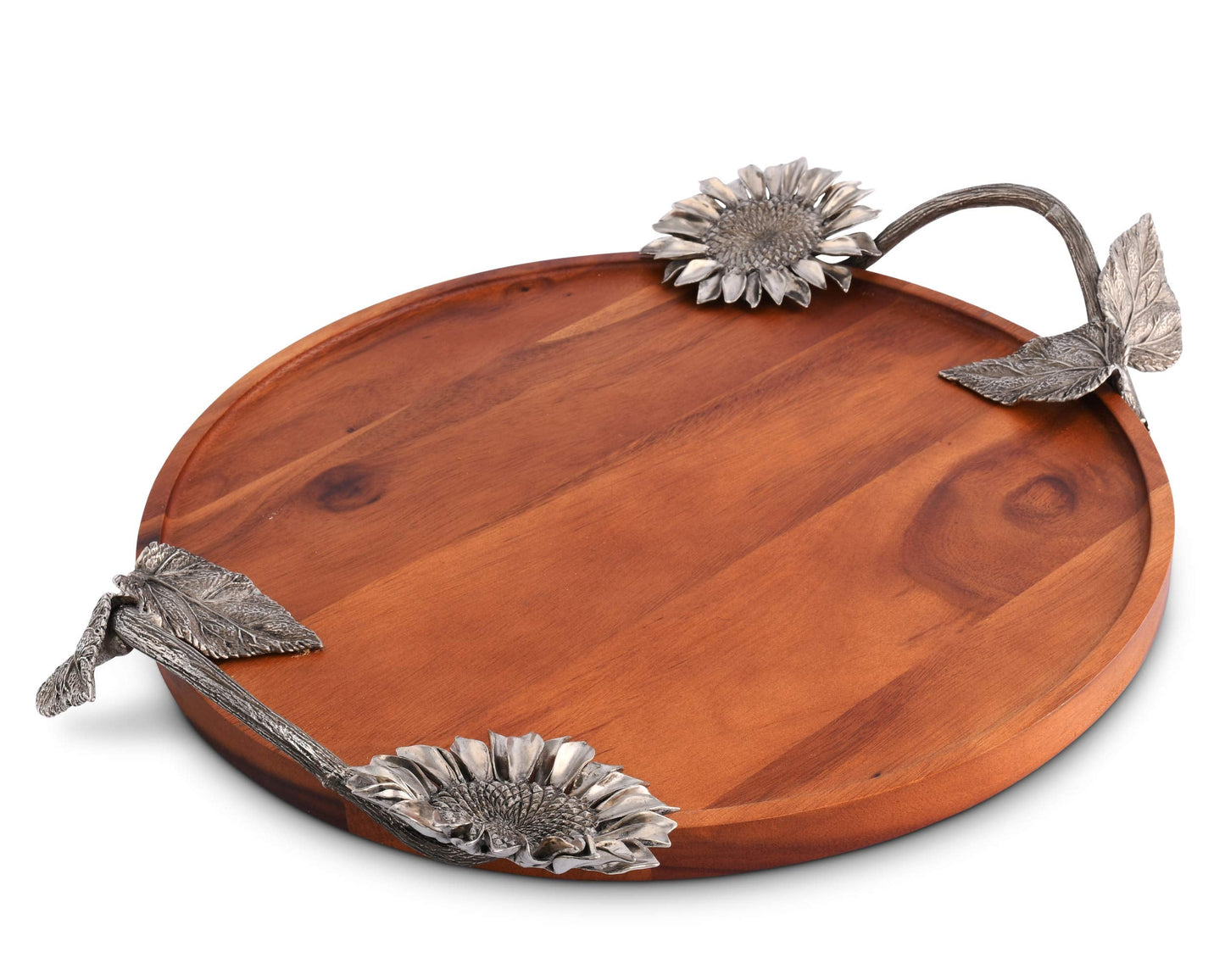 Vagabond House Acacia Wood Serving Tray with Pewter Sunflowers Handles Serving Cheese Drinks 18 inch Diameter