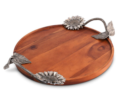Vagabond House Acacia Wood Serving Tray with Pewter Sunflowers Handles Serving Cheese Drinks 18 inch Diameter