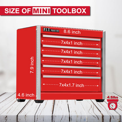P.I.T. Mini Tool Box 8.6"W X 4.6"D, Portable 5-Drawer Micro Steel Stackable Toolbox with Liner, Red Cute Tool Case for Small Tools Parts Storage, Home DIY