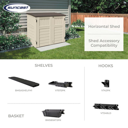 Suncast 34 Cu Ft Horizontal Resin Storage Shed - Outdoor Storage Shed with Floor Included, Lockable, Weatherproof, Fits Small to Medium Trash Cans, Generators, & Garden Tools, Vanilla Stoney