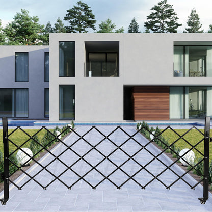 SierraSquad Single Folding Security Gate 85" H x 95" W, Steel Expandable Fence with 360° Rolling Wheels for Courtyard, Garage, and Garden Access Control