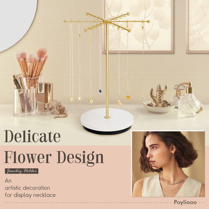 Poyilooo Necklace Holder Jewelry Stand, Rotating Necklace Holder Organizer with 48 Hooks for Necklace Earring Keychains Bracelet Display Stand, Metal Necklace Tree Stand -Women Gifts (Gold)