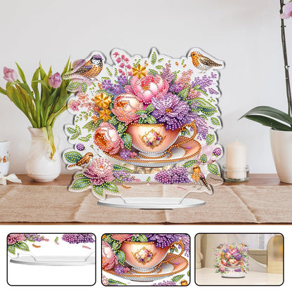 C'eitura 2D Flat Acrylic Diamond Art Painting Kit, Flower in Cup Special Shaped Diamond Art for Desk Decor, DIY Desktop Ornament for Adults & Beginners, Cute Home Office Decoration 24x22cm