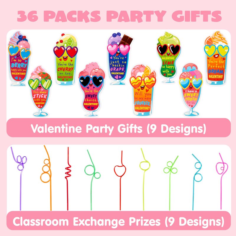JOYIN 36 Pack Valentines Day Gift Cards with Colorful Loop Reusable Drinking Straws for Kids Valentine Party Favor, Classroom Gift Exchange, School Prizes