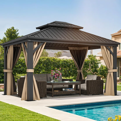 DWVO 10x12ft Hardtop Gazebo Double Roof with Nettings and Curtains, Heavy Duty Galvanized Steel Outdoor Vertical Stripes Roof for Patio, Backyard, Deck, Lawns, Brown