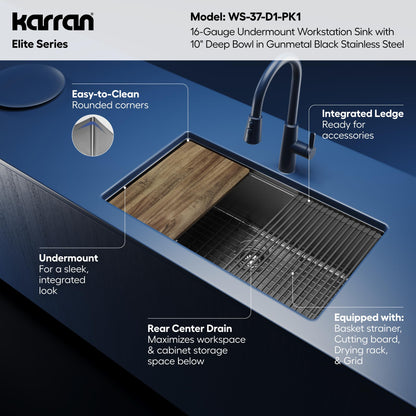 Karran Elite 32 Inch Gunmetal Black Workstation Kitchen Sink, 16 Gauge Nano PVD Stainless Steel Undermount Sink, Deep Single Bowl with Grid, Cutting Board, Drying Mat & Strainer