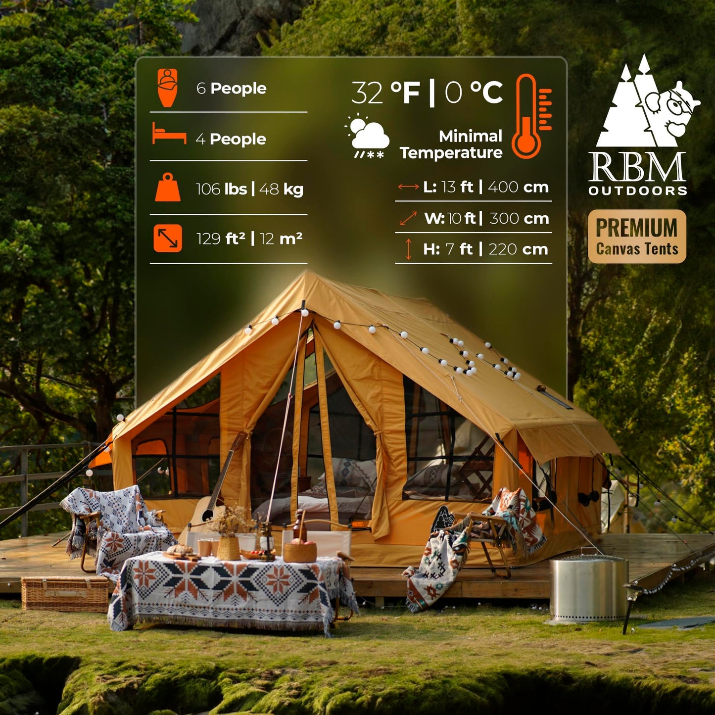 RBM Outdoors Panda Air Large Inflatable Canvas Camping Tent for 2–6 People – Air Beam Tent with Stove Jack, Fast Setup, Hand Pump Included, Beige