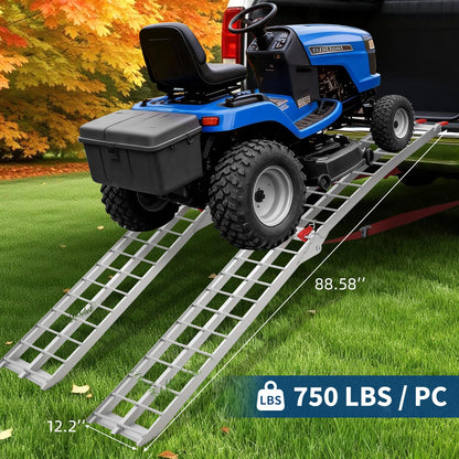 GarveeTech 7.5 Foot Folding Aluminum Motorcycle Ramp 750 LB Capacity Dirt Bike Ramp for Pickup Trucks with Crossbar Rungs and Rubber Tipped Ends 89 x 12 Inch 2 PC