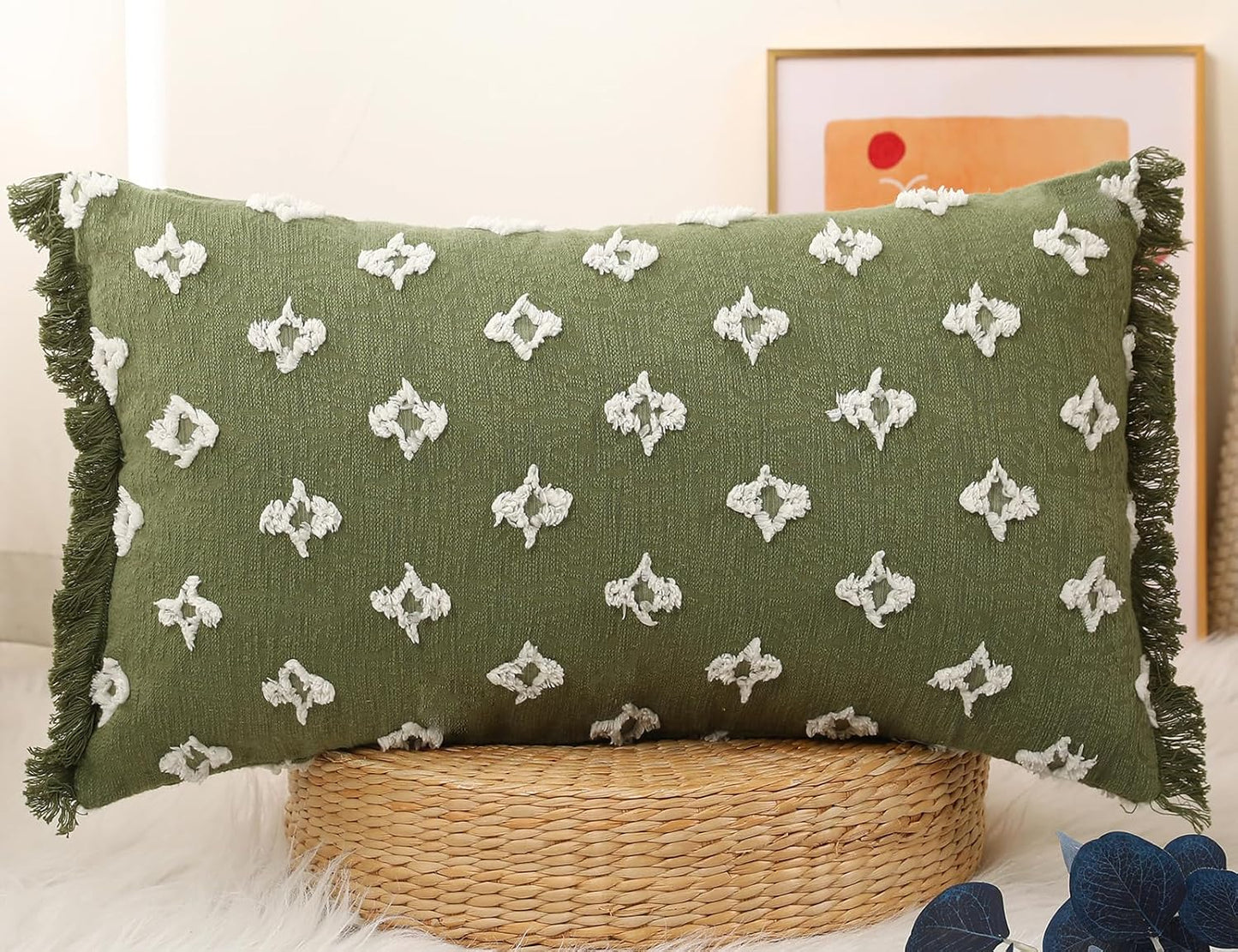 12x24 Tassel,3D Boho Long Lumbar Pillow Cover with Flower Patterned Cotton Decorative Long Lumbar Pillow Cover Pillow