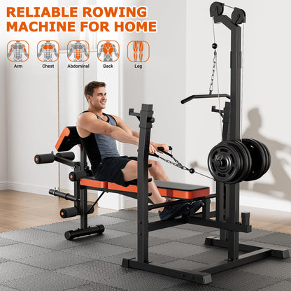 9-in-1 Adjustable Olympic Weight Bench with Lat Pulldown, Row, Squat Rack & Leg Curl – Multi-Function Strength Training Bench Press for Home Gym Full Body Workout (9 in1 Olympic Weight Bench)
