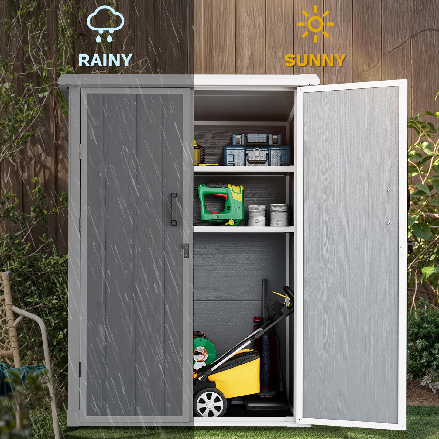DWVO Outdoor Tall Storage Shed 60 Cuft with 2 Shelves, 5X3FT Vertical Tool Shed with Floor & Lockable Doors, Sturdy Double-Wall Plastic Cabinet for Garbage Cans and Garden Storage