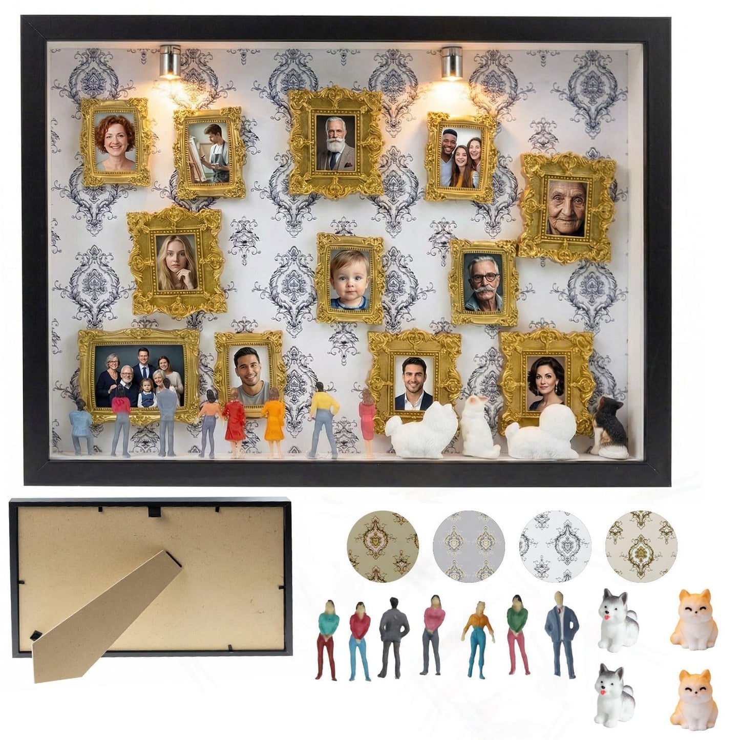 All-in-One DIY Shadow Box Kit,Mini Gold Frames with Museum of Figurines | LED-Illuminated Silhouette Box Memory Collage | Anniversary/Wedding Eco-Friendly Decor Gift (G Style)