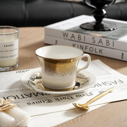 Andaliz Tea Cups and Saucers Set of 2 with Gold Spoon, Ceramic Coffee Cups with Matching Plates, Handcrafted Gold & Silver Glaze, Luxury Cup & Saucer Gift Set with Box, 5oz