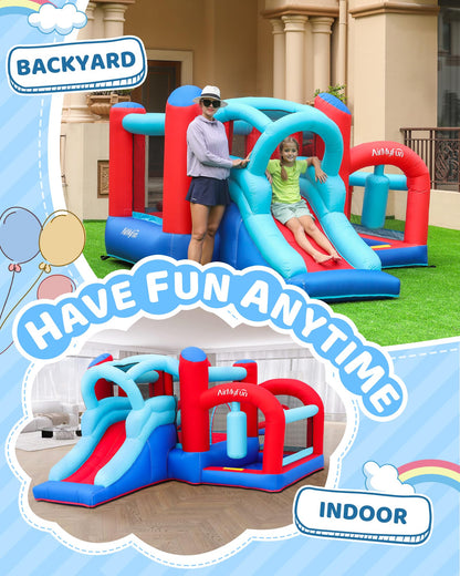 AirMyFun Inflatable Bounce House, Bouncy House with Slide,Indoor Outdoor Bounce House with Ball Pit,Basketball Hoop,Target Balls and Boxing,Inflatable Bouncer for Party