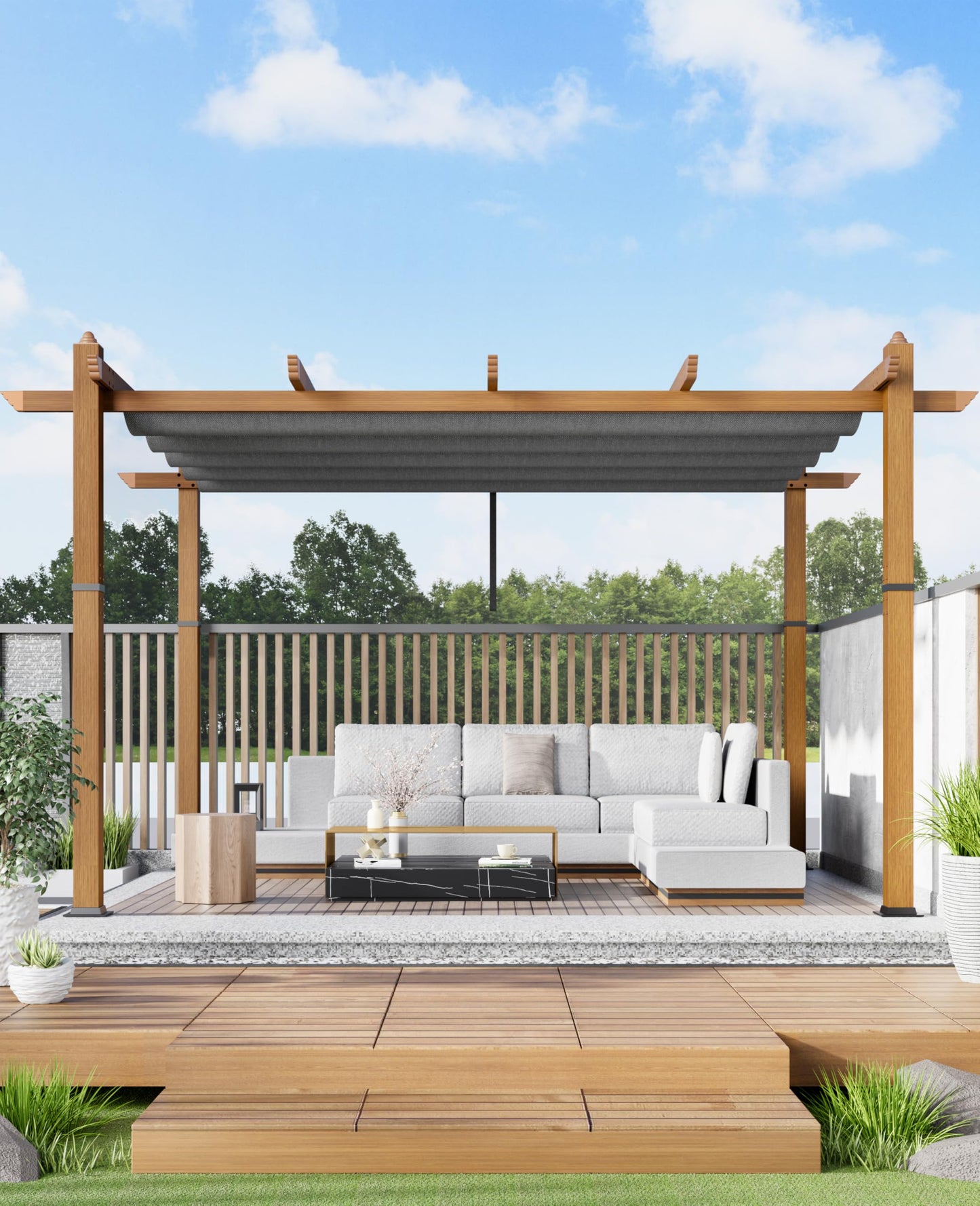 Garvee 10x13 ft Outdoor Pergola with Retractable Canopy – Upgraded Aluminum Faux Wood Grain Metal Patio Pergola for Modern Backyard Deck, Porch, Grape Trellis in Grey