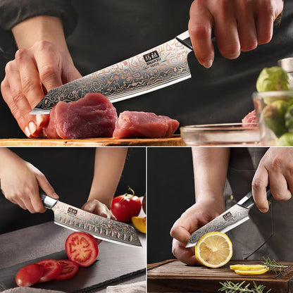 SHAN ZU Damascus Knife Set, Copper & Damascus Steel Japanese Kitchen Knives, High Carbon 33 Layer Hand Forged Utility Knife Professional Sharp Kitchen Knife with Maple Wood Handle