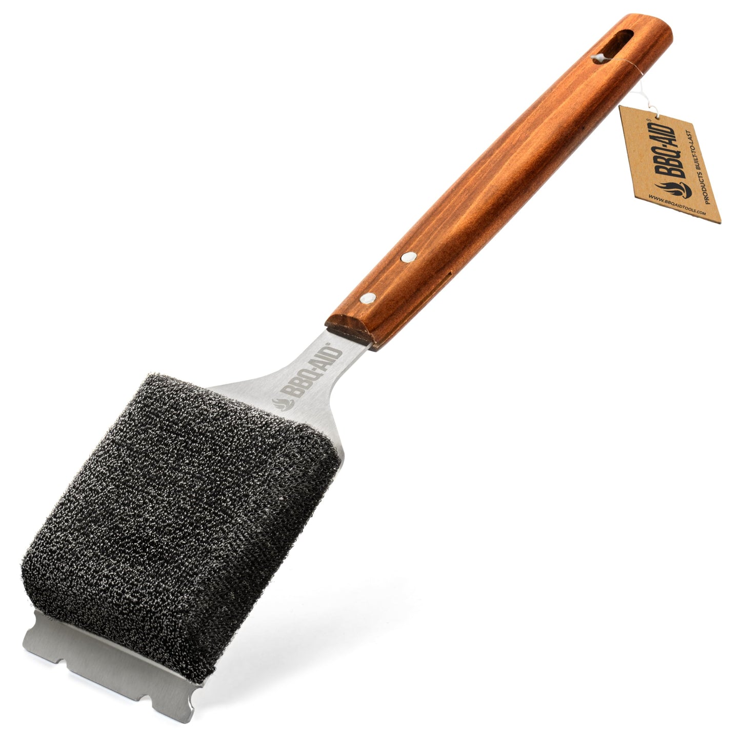 BBQ-AID Bristle Free Grill Brush and Scraper for Barbecue - Extended Large Wooden Handle with Replaceable Head - No Scratch BBQ Cleaning Accessories for Outdoor Grills