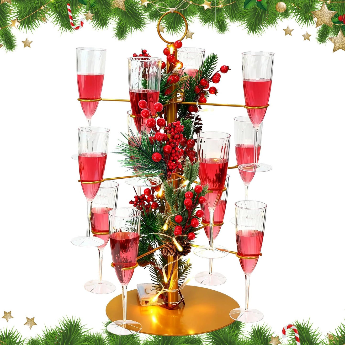 Acellegic 3 Tiers Christmas Gold Cocktail Tree Stand with 12 Holders 12 Pcs 10 oz Wine Glass Light Tree Drink Holder Display Tower with Pinecone Branch for Party Champagne Bar Bridal Shower Wedding