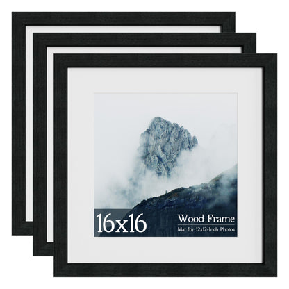 XXBANZHUAN 16x16 Square Picture Frame 3 Pack, Solid Real Wood Grain, Displays 12x12 with Mat or 16x16 Without Mat, Wall Gallery Poster Frames, Black