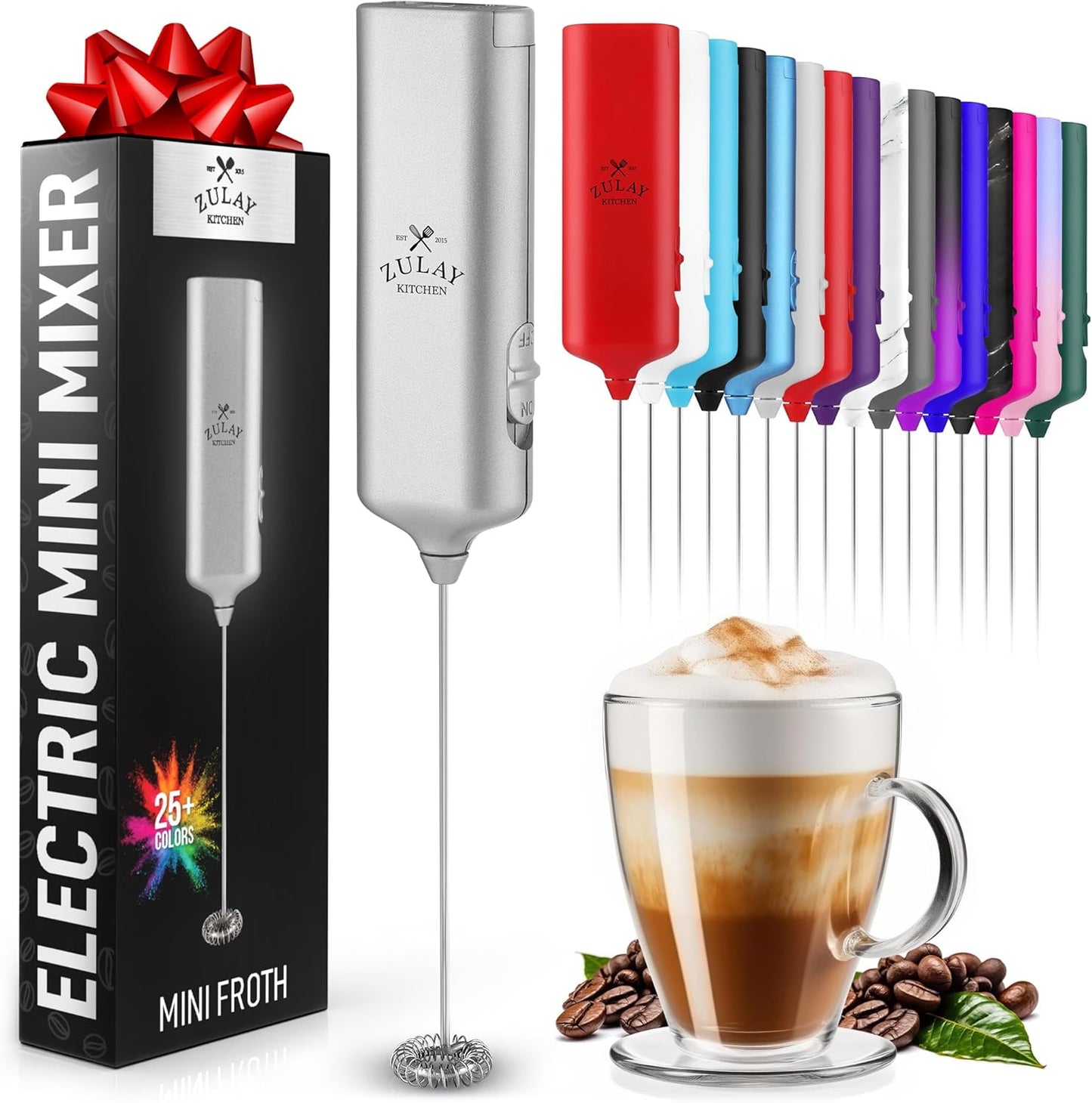 Zulay Kitchen Mini Milk Frother Handheld - Electric Mixer - Portable Wand for Coffee, Lattes, Cappuccino, Hot Chocolate