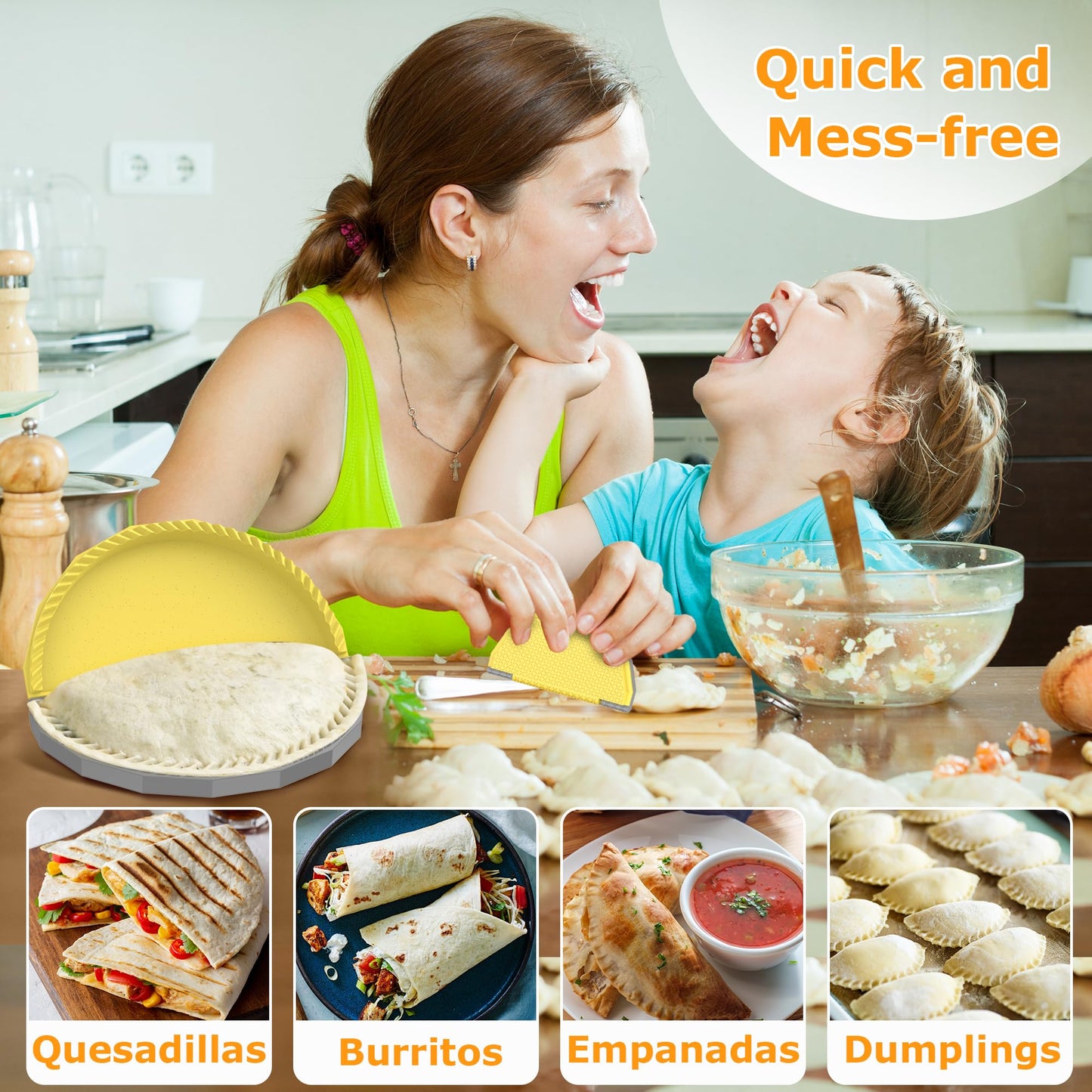 Tortilla Sealer Crimper Press - 4pcs Quesadilla Maker for 10"+8"+6"+4" Flour Tortillas |Make Sealed Taco,Quesadilla,Empanada,Burrito,Dumpling,Sandwich,BPA-Free Dishwasher Safe (Grey Yellow)