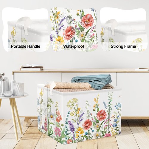 Clastyle 36L Wild Flower Plants Girls Storage Basket Spring Garden Daisy Rose Clothes Toy Nursery Bin Collapsible Rectangle Book Shelf Basket for Kids Room