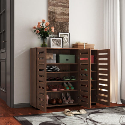 KEIKI 44.88'' Wooden Shoe Cabinet Storage for Entryway with 3 Louvered Door, Freestanding Sideboard Buffet Table Organizer for Hallway, Living Room, Adjustable 4-Tier Shelves, Walnut