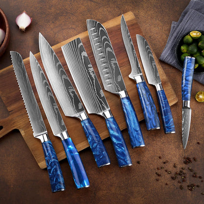 SENKEN 16-Piece Kitchen Knife Block Set - Japanese Chef's Knife Set with Laser Damascus Pattern, Includes 6 Steak Knives and Smoothly Finished Acacia Hardwood Knife Block (Blue Resin Handles)