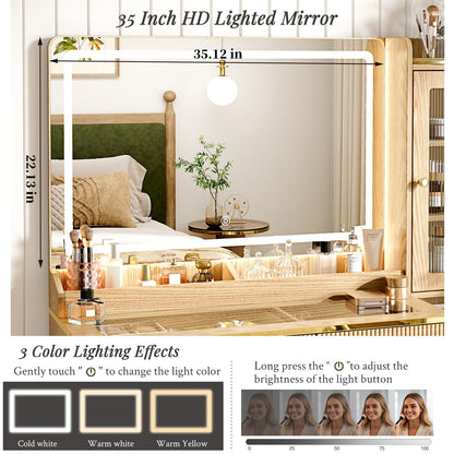 Arulvmrn Vanity Desk with 35.12" HD Lighted Mirror, 46.85" Big Modern Vanity Desk with Mirror and Lights, Makeup Vanity with 7 Drawers and Storage Shelves and Charging Station, Oak