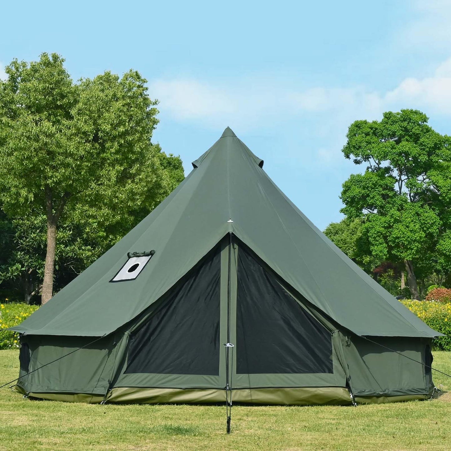 WaldZimmer Canvas Bell Tent 13.1ft Green with Pre-Cut Stove Jack, Spacious 4m Family Yurt Tent for 4-5 Person, 4 Season Water-Repellent Tents with Zipped Removable Floor for Camping and Glamping