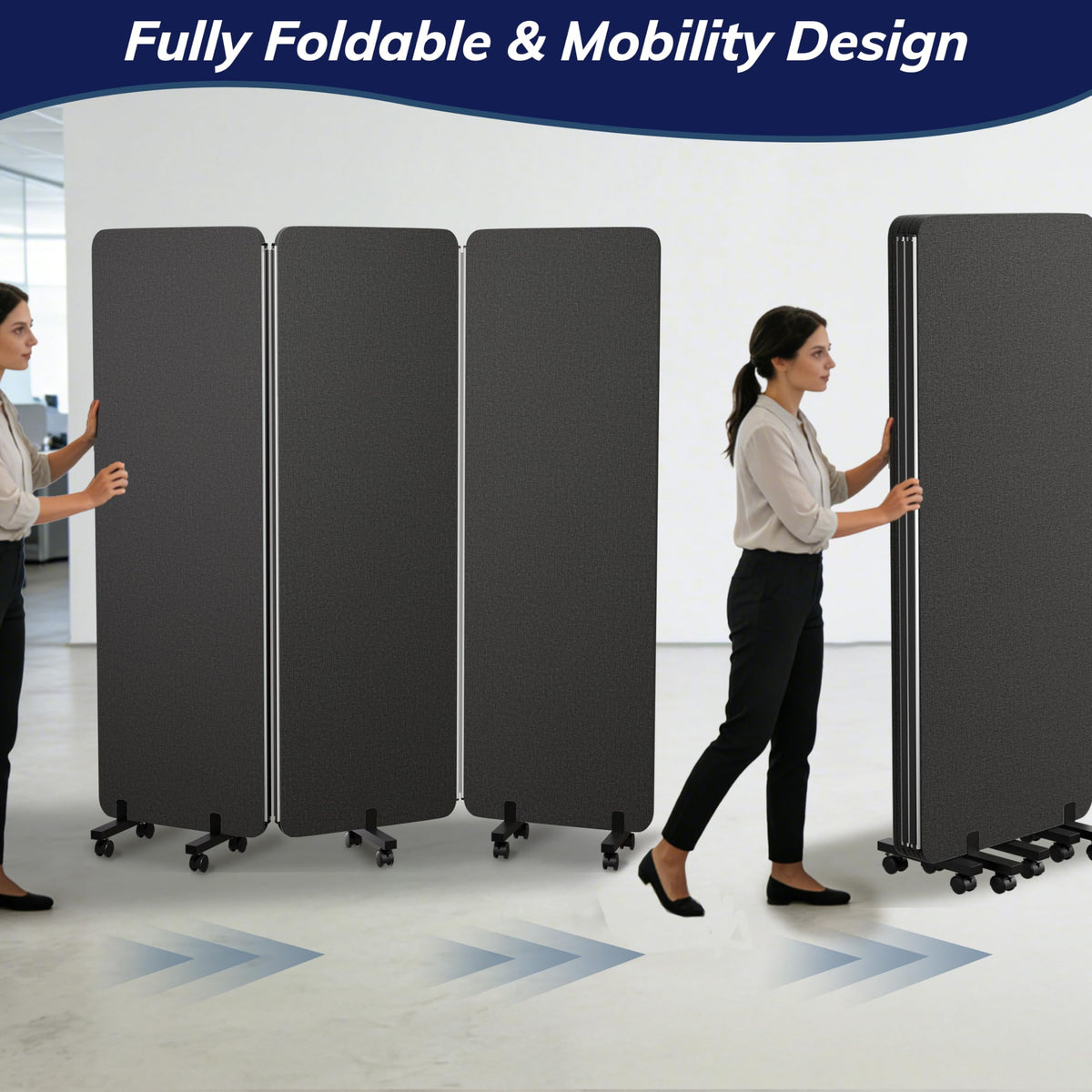 KERRAM 3 Panel Foldable Office Partitions, Mobile Cubicle Wall with Wheels, 71 x 66 Inch Noise Cancelling & Sound Proof Room Dividers Partition Wall, Aluminum Frame Dark Gray