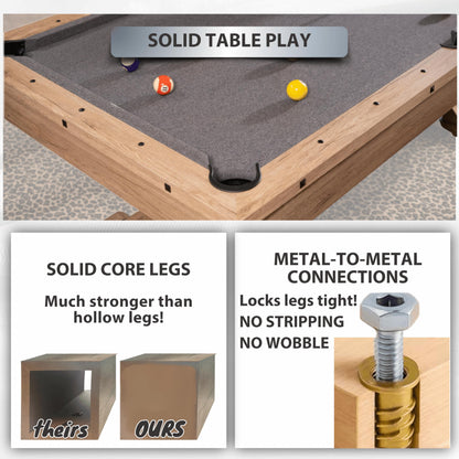7' 3 in 1 Multi Game Pool Table with Dining Top Pool Ping Pong Table Combo with Dual Storage Bench Seating. Includes Billiards, Ping Pong Accessories. (Rustic Oak with Grey Felt)