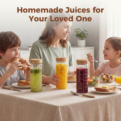 HomArtist 16oz Round Glass Juice Bottles with Lids, 3 Pack Reusable Juice Containers with Bamboo Lids, Glass Juicing jars for Drinking Tea, Kombucha, Smoothie, Milk