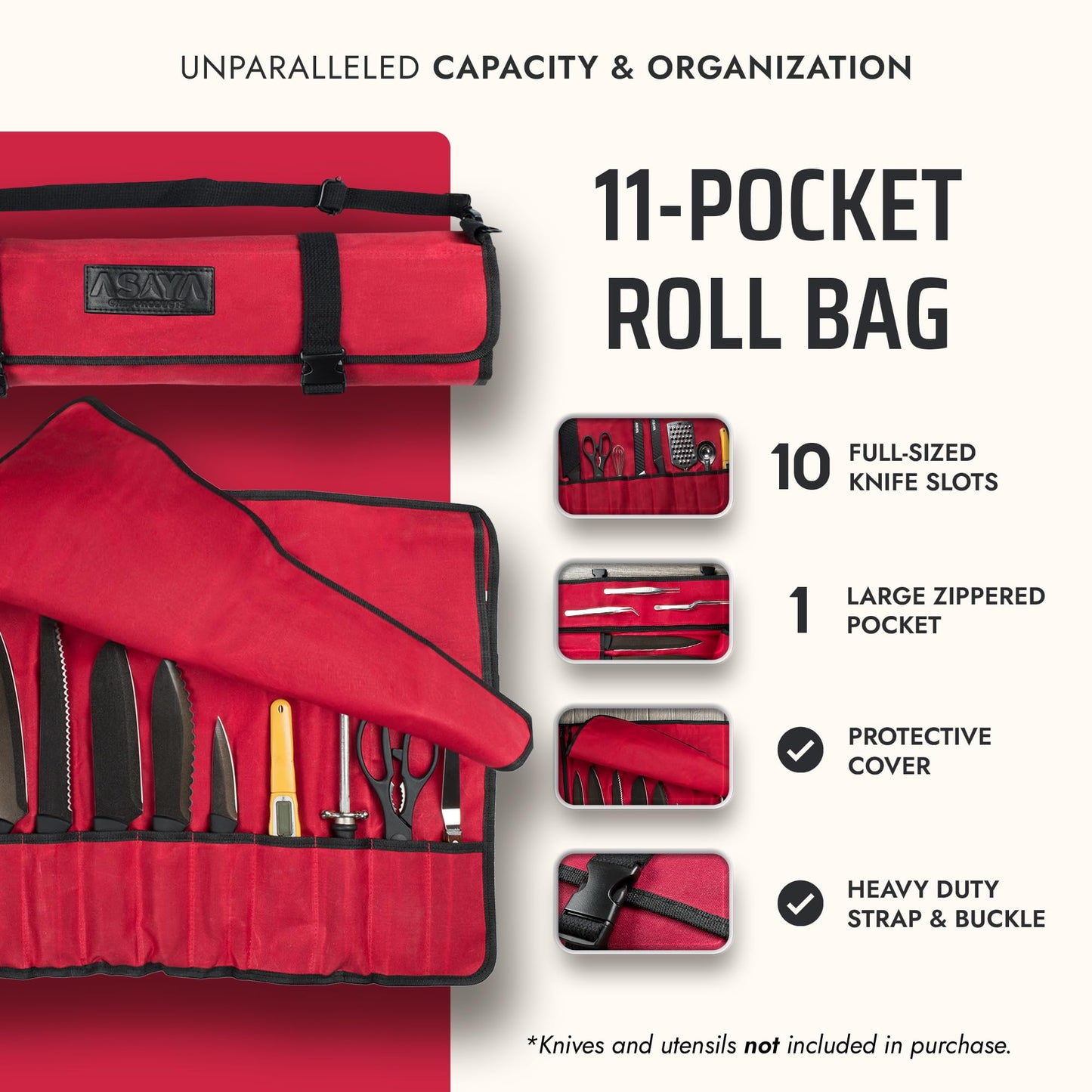 Asaya Waxed Canvas Chef Knife Roll Bag with 10 Slots and a Zipper Pocket - Professional Chef Knife Bag & Storage Case, with Shoulder Strap - Knives Not Included (Red)
