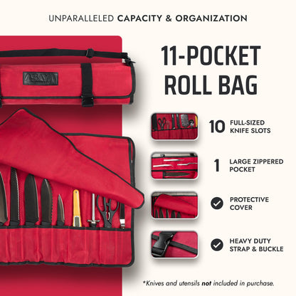 Asaya Waxed Canvas Chef Knife Roll Bag with 10 Slots and a Zipper Pocket - Professional Chef Knife Bag & Storage Case, with Shoulder Strap - Knives Not Included (Red)