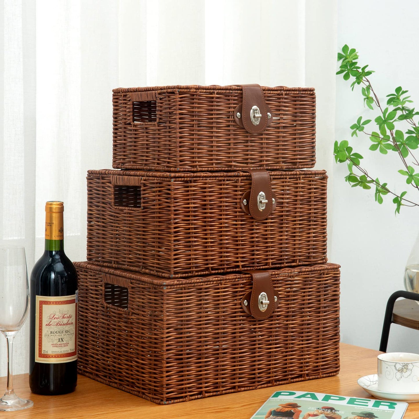 Homepeaz Set of 3 Woven Wicker Storage Basket Box with Lids & Lock, Built-in Carry Handles, Multifunctional Storage Organizer for Nursery, Baby, Clothes, Toys, Books, Large/Medium/Small Size (Natural)