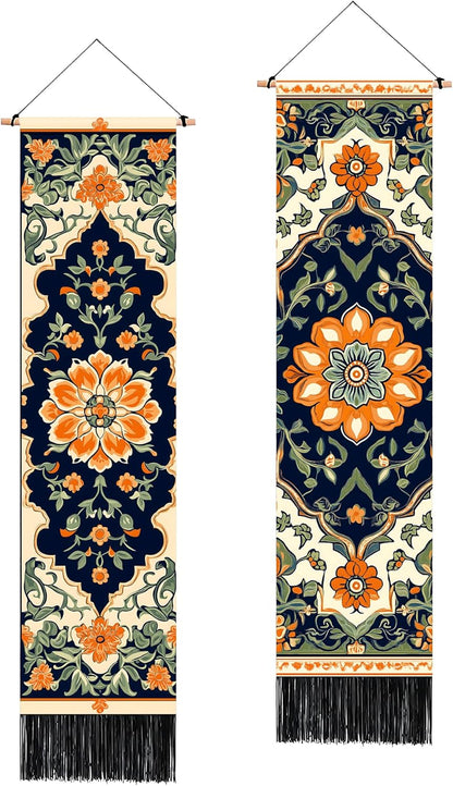 2 13"x51", BVBOX PCS Vertical Floral Tapestry Ottoman Aesthetic Long Vertical Wall Hanging Black Tassel Tapestries Home