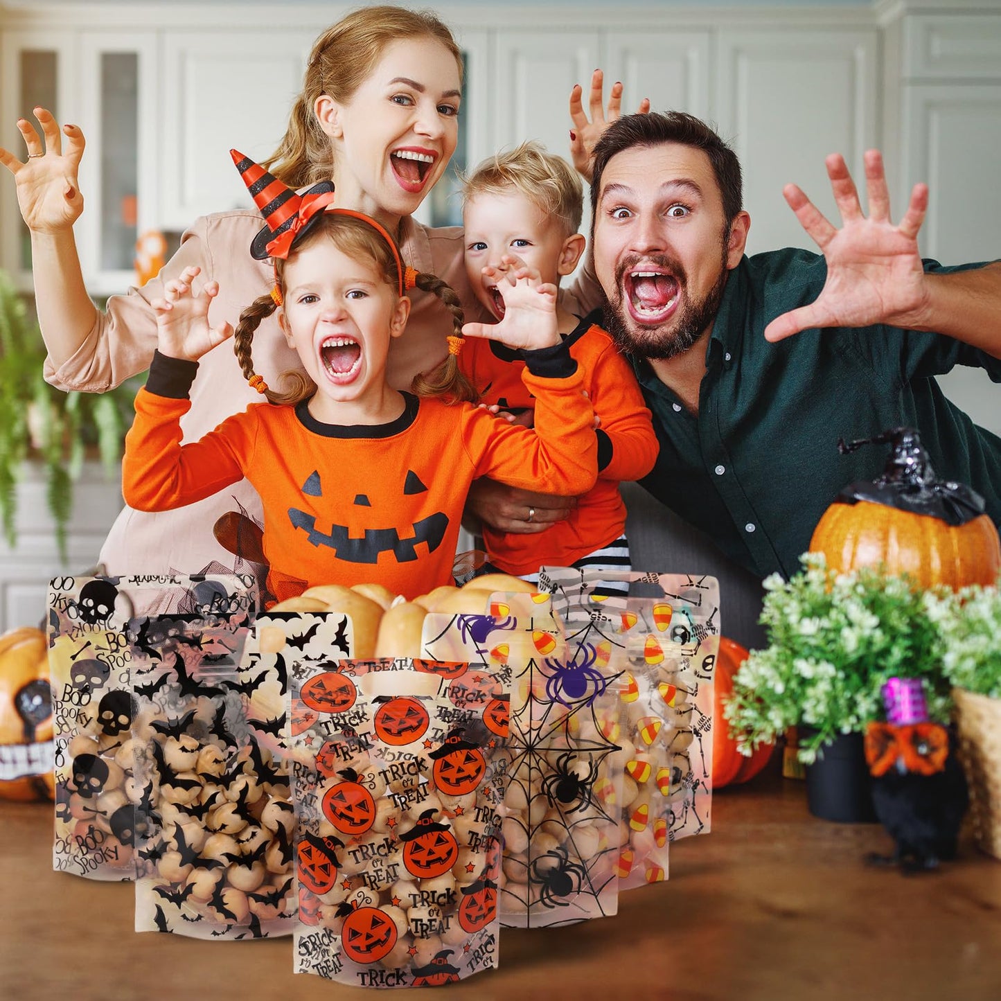 Resholder 60 Pcs Halloween Sealing Gift Bags Plastic Halloween Candy Goodie Bags with Handle Trick or Treat Party Favor Handbags for Spooky Birthday Party Supplies