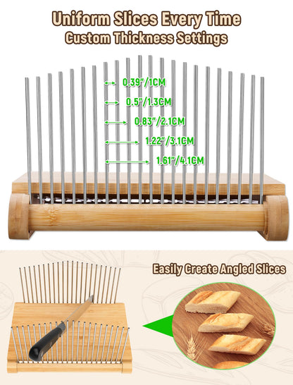 NiHome Bamboo Bread Slicer for Homemade Bread with Stainless Steel Guides, Adjustable Thickness for Toast & Sandwiches, Foldable Compact Sourdough Wood Cutting Board