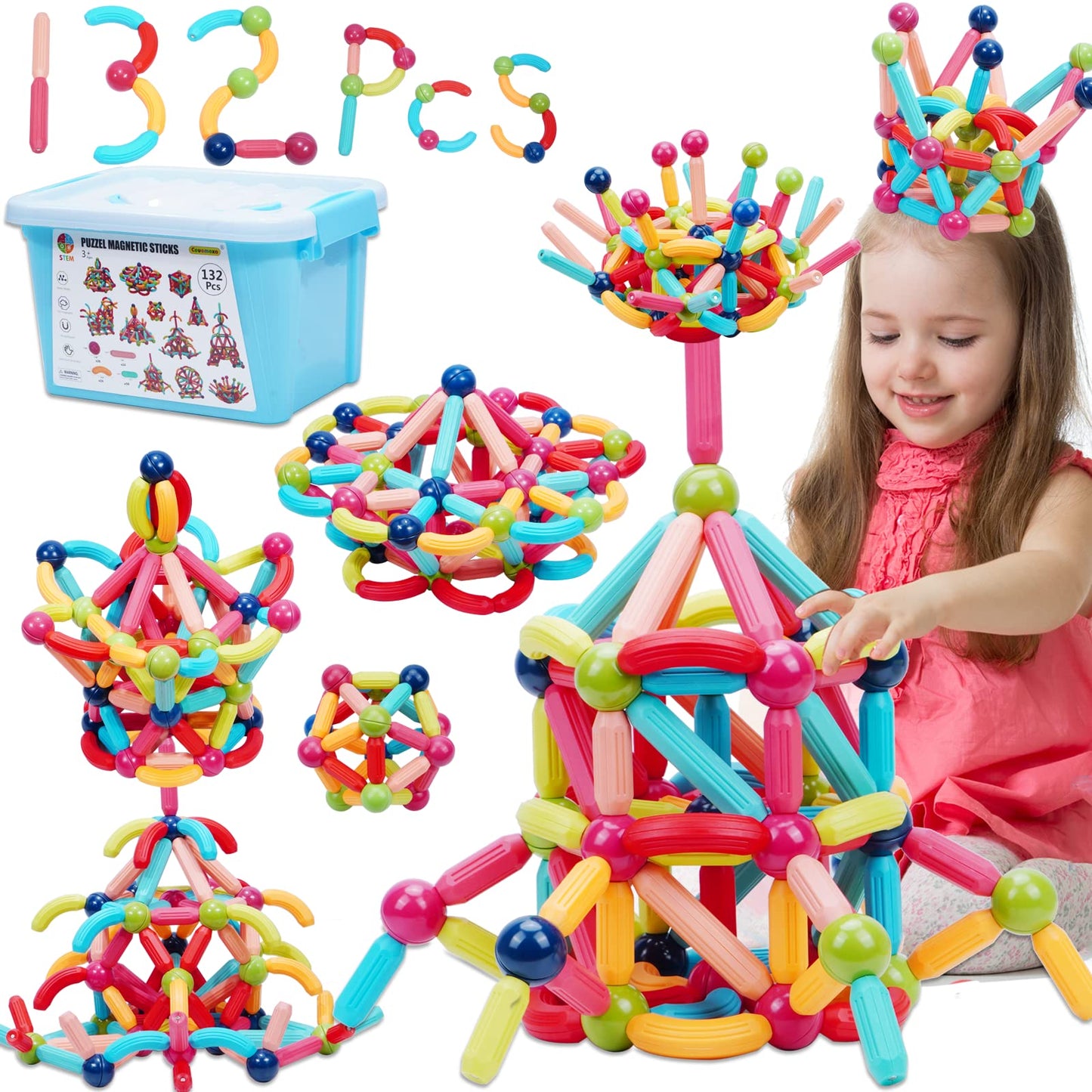 COUOMOXA Magnetic Toy Montessori for Kids: 3 4 5 6 7 8 9 10 11 12 Years Old Kids Building Sticks - Magnetic Creative Toy Age 3-12 Playroom Family - Christmas Birthday Gift for Boys Girls