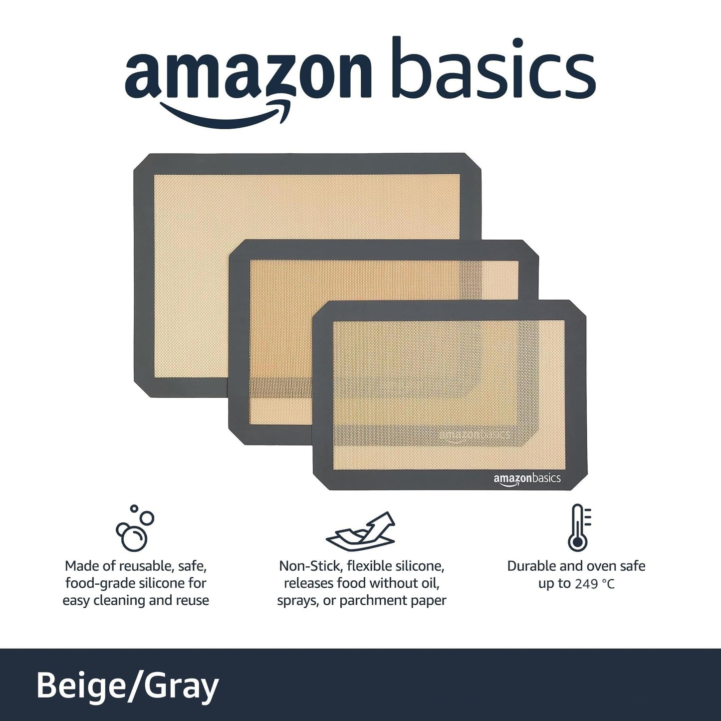 Amazon Basics Rectangular Non-Stick Silicone Baking Mat, Food Safe, Heat Resistant, 9"x13", 9.9"x14.8", and 16.5"x11.6", Beige/Gray, Pack of 3
